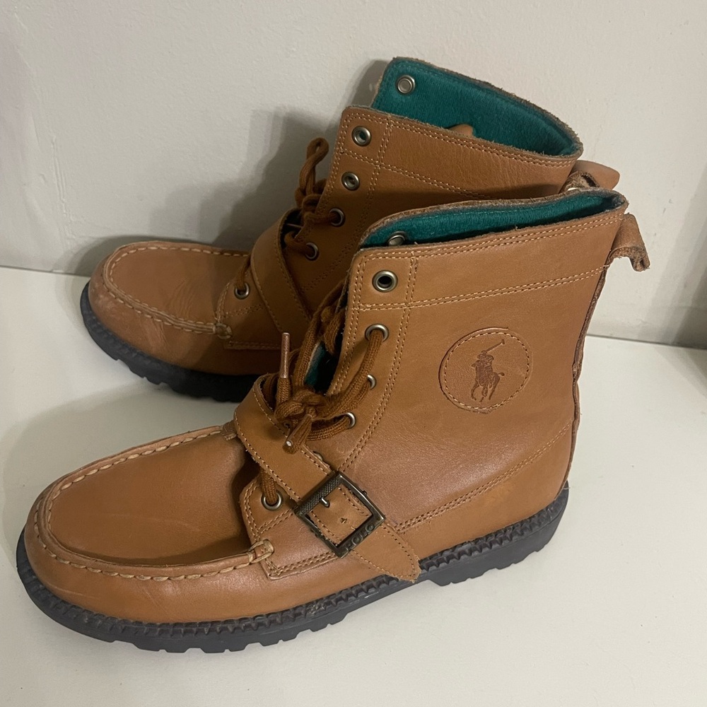 Ralph Lauren Tan Leather Ranger Buckled Lace up Boots with Teal Lining Size 6